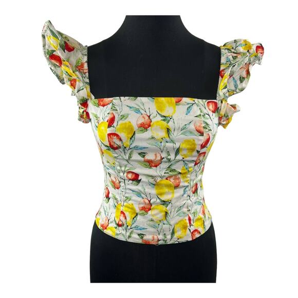 AQUA White S Top Cotton Lemon Fruit Smoked Back Zip Square Neck Flutter Sleeves - Picture 1 of 8